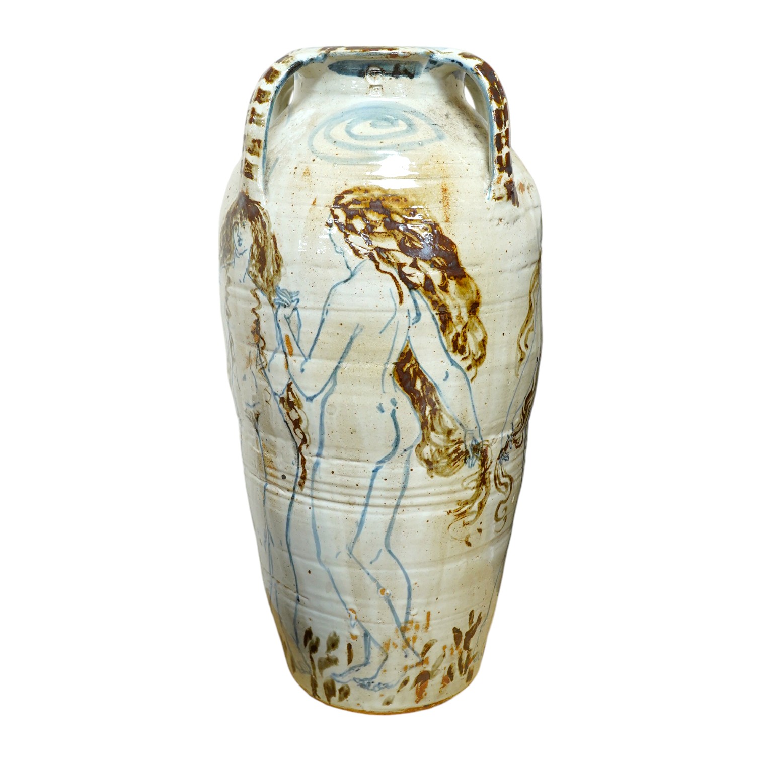 Seth Cardew (1934-2016), a tall Wenford Bridge Stoneware vase, painted with a running band of standing naked female figures holding hands, the outer rim with impressed mark, 67cm high. Condition - fair, shallow chip to b